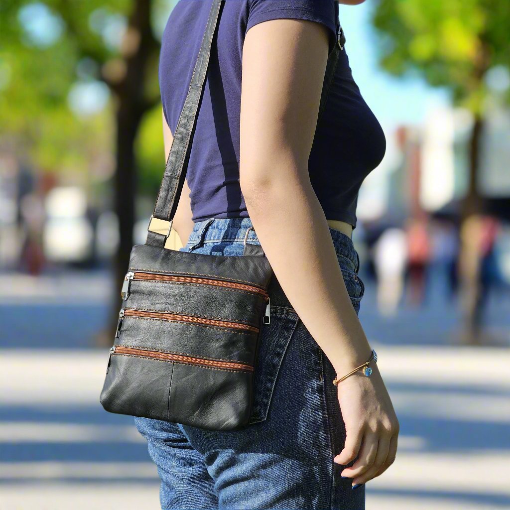 Leather Crossbody Bag Triple Zipper M-I - Newage Leather Bags