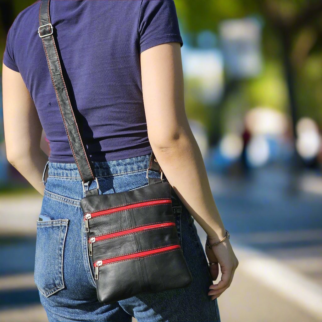 Leather Crossbody Bag Triple Zipper M-I - Newage Leather Bags