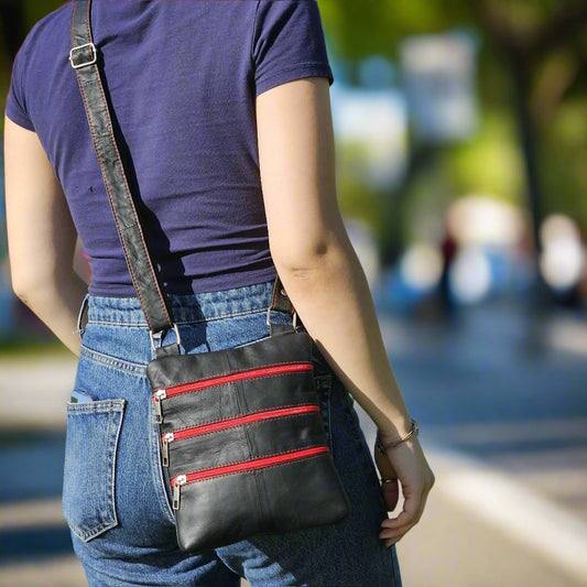 Leather Crossbody Bag Triple Zipper M-I - Newage Leather Bags